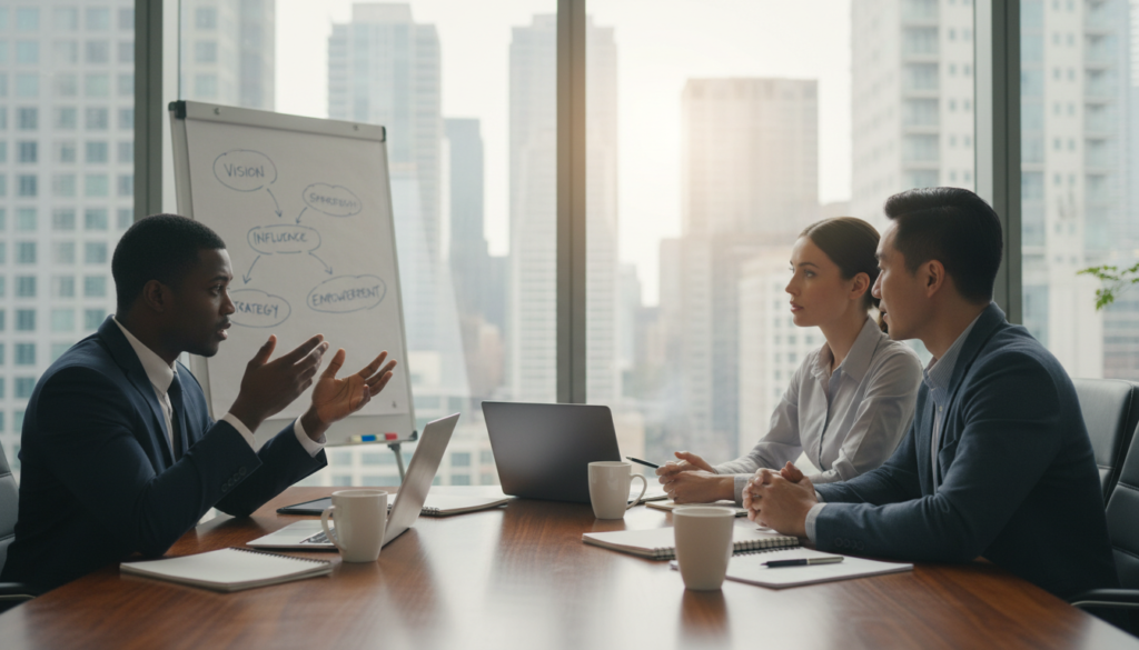 A professional business meeting scene focusing on the development of leadership competencies. In the foreground, a diverse group of three business professionals—two men and one woman—are engaged in a dynamic discussion, wearing formal business attire. The middle ground features a large conference table with laptops, notepads, and coffee mugs, symbolizing collaboration and innovation. In the background, large windows reveal a modern city skyline, with soft natural light pouring in, creating an inspiring atmosphere. The lens focuses on the interaction among the individuals, with a shallow depth of field to emphasize their expressions and engagement. The mood is constructive and aspirational, reflecting the journey of developing leadership styles and skills.
