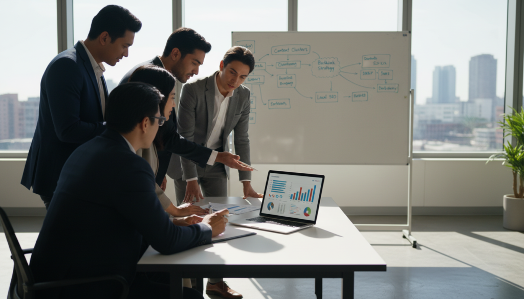 A professional office setting with a modern desk featuring a sleek laptop displaying analytical SEO graphs and keyword metrics. In the foreground, a diverse group of business professionals, dressed in business attire, engage in discussion, pointing at the screen. The middle ground showcases a whiteboard filled with SEO strategies, keywords, and diagrams, emphasizing collaboration. In the background, large windows allow natural light to flood the space, creating a bright and motivating atmosphere. Soft shadows enhance the depth of the image, and a slight blur on the background adds focus to the interaction in the foreground. The overall mood is one of innovation, teamwork, and strategic planning, reflecting the essence of effective SEO optimization.