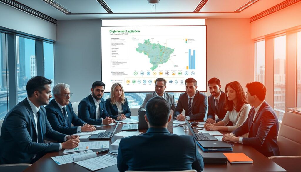 A professional setting depicting the regulatory landscape of digital assets in Brazil. In the foreground, a diverse group of business professionals, dressed in smart business attire, is engaged in a discussion around a table strewn with legal documents, laptops displaying digital asset charts, and regulatory frameworks. In the middle ground, a large screen shows a dynamic infographic mapping Brazil’s digital asset legislation. The brightly lit room has contemporary designs, with a large window in the background revealing a bustling cityscape, symbolizing economic activity. The atmosphere is focused and serious, highlighting the importance of regulating digital currencies and assets within the Brazilian market, conveying a sense of innovation and progress.