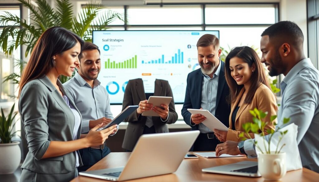 A professional team of diverse individuals in an office setting, actively engaging with digital devices like laptops and tablets. Foreground features a woman in smart business attire discussing strategies with colleagues, while a man beside her takes notes. In the middle, a large screen displays social media analytics and interactive charts, symbolizing effective audience engagement. The background showcases a modern workspace with plants and natural light streaming in from large windows, creating a collaborative atmosphere. Soft, warm lighting enhances the scene, invoking a sense of innovation and teamwork. Capture this moment from a slightly elevated angle to emphasize interaction and connection among the team, reflecting professionalism and the importance of public relationship-building in digital marketing.