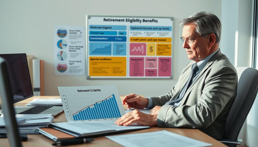 A professional workspace illustrating the criteria for retirement eligibility benefits, featuring an organized desk with documents, charts, and a laptop. In the foreground, a focused middle-aged person in business attire is studying a graph showing retirement age and benefit amounts. In the middle background, a wall board displays colorful infographics highlighting criteria like age, contribution years, and special conditions. Soft, natural lighting illuminates the scene, creating a calm and informative atmosphere. The composition is framed from a slightly elevated angle to capture both the desk activities and the informative wall board clearly, emphasizing clarity and professionalism in the subject matter.