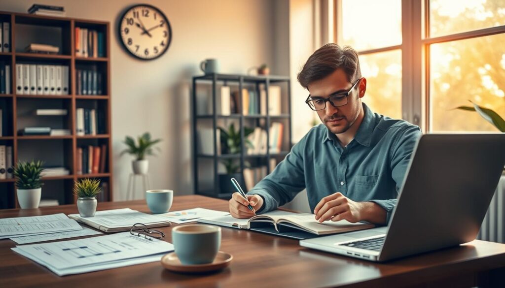 A serene office environment showcasing a wooden desk with neatly arranged financial documents and a glowing laptop, symbolizing financial habits. In the foreground, a person in modest casual clothing is carefully writing a budget plan in a notebook, their expression focused and thoughtful. On the desk, a coffee cup and a small potted plant add warmth. In the middle ground, a wall clock ticks softly, hinting at the importance of time management in finances, while a bookshelf filled with finance books represents knowledge accumulation. The background features a large window that lets in warm, natural light, creating an inviting atmosphere. The overall mood is one of calm and introspection, reflecting the silent, yet impactful nature of harmless financial habits accumulating over time.