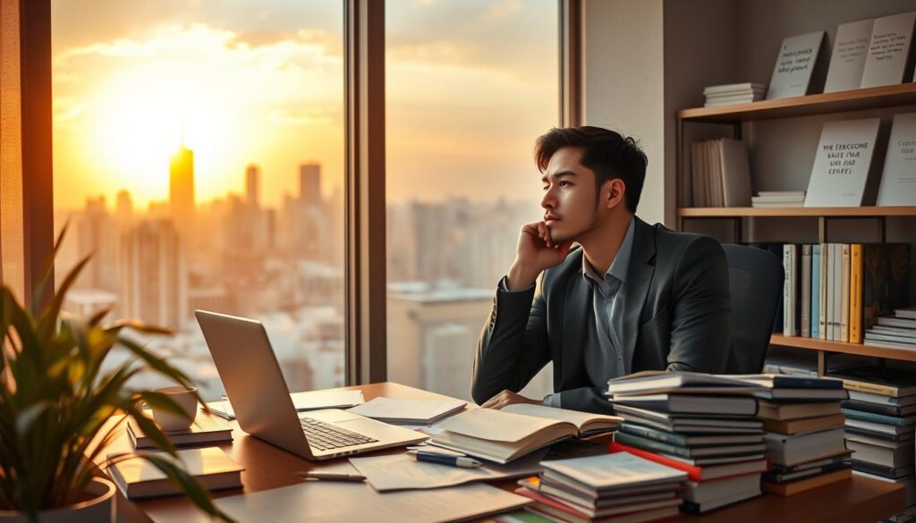 A serene office scene set in an urban environment, depicting a young professional man in smart casual attire, sitting at a desk strewn with books and career-related documents. He gazes thoughtfully out a large window, conveying a sense of reflection and determination. In the foreground, a potted plant adds a touch of nature, while a laptop illuminates the scene with soft, warm lighting. The middle ground features shelves lined with educational materials and inspirational quotes. In the background, a city skyline is visible under a golden sunset, symbolizing ambition and opportunity. The mood is contemplative and inspiring, capturing the essence of real experiences in education, career, and life transitions.