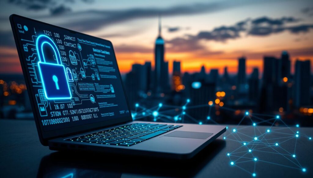 A sleek, modern digital landscape illustrating blockchain technology and security. In the foreground, a stylized open laptop displays intricate blockchain diagrams and smart contract code, glowing softly in blue and green light. To the left, futuristic digital locks symbolize security, with binary code cascading down. In the middle ground, abstract interconnected nodes represent the blockchain network, interconnected with glowing lines, creating a sense of depth. The background features a city skyline at dusk, with a soft orange and purple sky, reflecting innovation and economic growth. The overall mood is futuristic and professional, illuminated by ambient lighting to emphasize the importance of technology in the modern economy. The camera angle is slightly low, looking up at the laptop and city, creating an inspiring perspective.