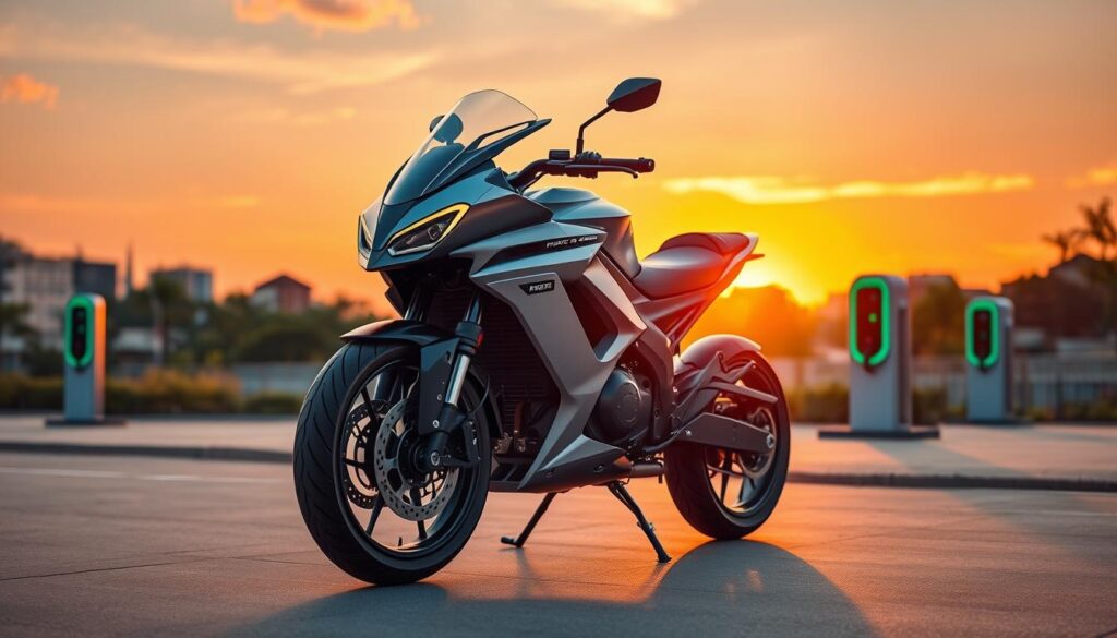 A sleek, modern electric motorcycle stands prominently in the foreground, showcasing advanced electrification technology with visible components such as batteries and innovative wiring. Its design emphasizes lightweight materials like carbon fiber and aluminum, reflecting the latest in functional aesthetics. In the middle ground, a stylized urban environment highlights charging stations integrated into the cityscape, featuring smart technology and greenery. The background smoothly blends into a vibrant sunset, casting warm, inviting light that enhances the motorcycle's glossy finish. The camera angle is slightly low, aiming upward to emphasize the bike's futuristic design against the backdrop. The atmosphere is one of innovation and progress, evoking excitement about the future of motorcycling and sustainable transport.