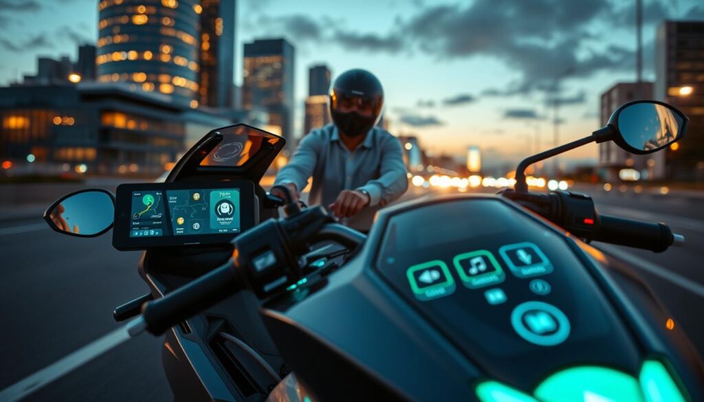 A sleek, modern motorcycle showcases an advanced digital panel displaying connectivity features. The foreground highlights the high-resolution display, illuminated with vibrant icons for navigation, music, and notifications. In the middle ground, a rider dressed in professional casual attire interacts with the panel, seamlessly integrating technology into the riding experience. The background features a dynamic urban landscape at dusk, with city lights reflecting off the bike, creating a futuristic atmosphere. The scene is captured with a wide-angle lens, emphasizing the innovation in motorcycle technology, while soft ambient lighting enhances the sleek design of the bike and the digital interface.