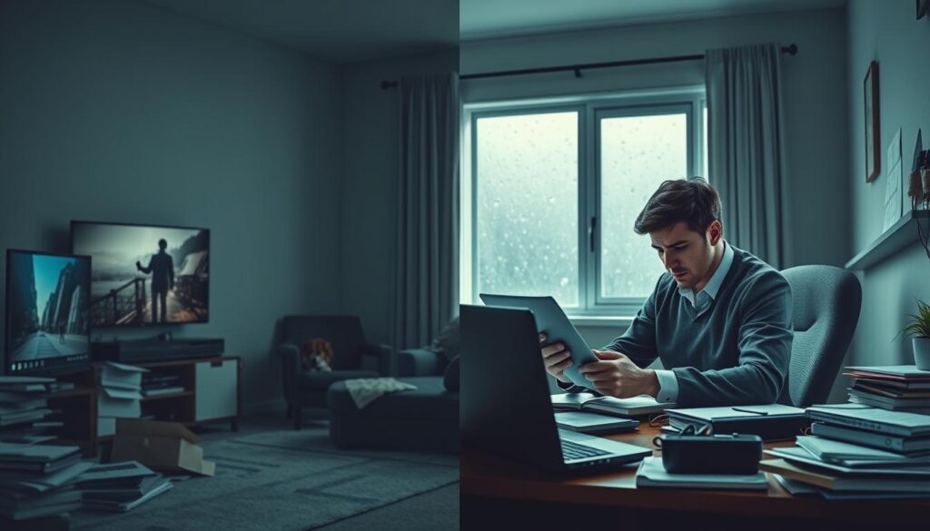 A split scene illustrating the disadvantages of remote work. In the foreground, a person in professional attire, sitting at a cluttered home desk, looking stressed and overwhelmed by a mountain of paperwork and multiple devices with notifications. In the middle ground, a dimly lit living room with distractions like a TV playing too loudly and a pet demanding attention. In the background, a window showing a gloomy view of rain, enhancing the feeling of isolation. Soft, muted lighting to evoke a somber mood, with a shallow depth of field to emphasize the subject's struggle. The composition captures the essence of the challenges faced by remote workers in a modern home environment.