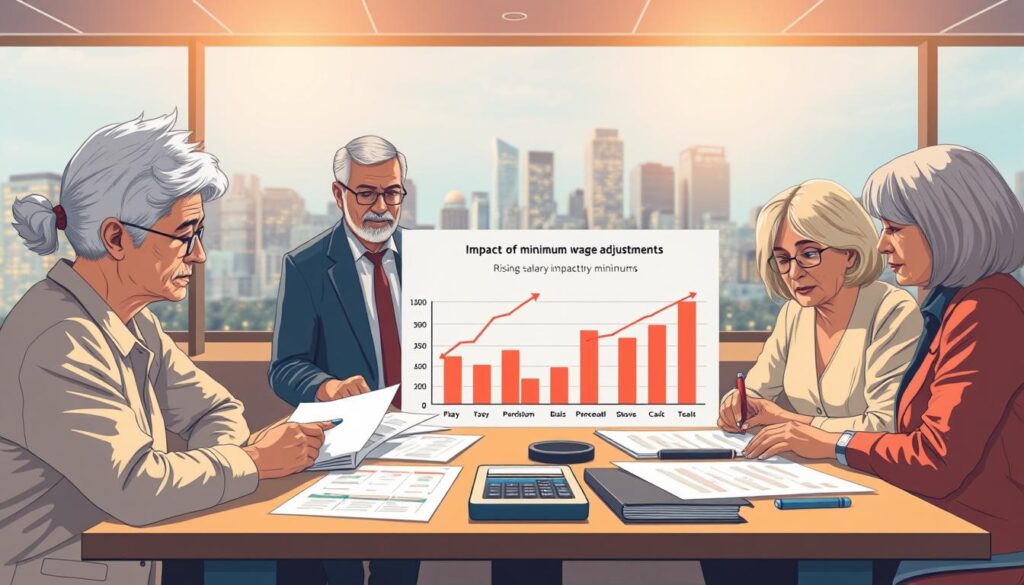 A thoughtful illustration depicting the impacts of minimum wage adjustments in a modern setting. In the foreground, a diverse group of people, including an elderly couple and a young professional, are gathered around a table filled with documents and calculators, analyzing their financial situation. The middle ground features a chart showing rising salary minimums and pension benefits, highlighting its effect on purchasing power. In the background, a busy cityscape symbolizes economic growth, with glowing lights suggesting optimism. The lighting is bright and warm, creating an atmosphere of hope and determination. Use a realistic style, capturing detailed expressions on the faces of the individuals, wearing professional and smart casual attire. The scene should inspire reflection on economic changes without any text or logos present.