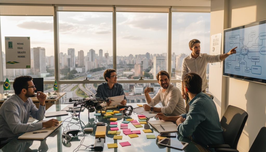 A vibrant and dynamic office setting showcasing various types of innovation in Brazilian companies. In the foreground, a diverse group of professionals in smart casual attire engaged in a brainstorming session, surrounded by colorful sticky notes and a digital whiteboard displaying innovative ideas. In the middle, a sleek conference table with prototypes and high-tech gadgets, such as tablets and smart devices, symbolizing technological advancements. In the background, large windows reveal a bustling cityscape of São Paulo, reflecting an atmosphere of growth and creativity. Soft natural light pours in, enhancing the energetic mood, while a shallow depth of field draws focus on the collaborative teamwork and innovation efforts taking place in this modern business environment.