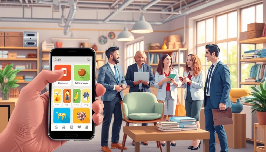 A vibrant and engaging illustration depicting a modern, user-friendly mobile app interface for selling used products. In the foreground, a smartphone displays colorful icons representing various categories like electronics, furniture, and clothing, with a hand interacting with the screen. In the middle ground, a diverse group of individuals in professional business attire are happily discussing and exchanging items like a laptop, a vintage chair, and clothes in a bright and lively indoor setting, suggestive of a marketplace. The background features a cozy market atmosphere with shelves displaying more second-hand goods, ample natural light filtering in through large windows, creating an inviting and trustworthy ambiance. The overall mood is uplifting and optimistic, emphasizing community engagement and sustainable consumerism.