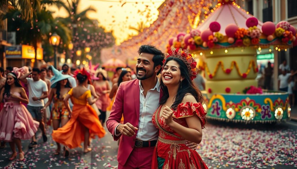 A vibrant and festive scene during Carnival, showcasing a joyful couple in the foreground laughing and dancing together, adorned in colorful, modest traditional Carnival costumes. The middle ground includes a lively parade with dancers in elaborate attire, creating a dynamic atmosphere filled with confetti and colorful decorations. In the background, carnival floats decorated with flowers and lights add to the celebratory mood. The lighting is warm and inviting, capturing the essence of a joyful celebration as the sun sets, casting a golden glow over the scene. The angle is slightly elevated, providing a wide view to emphasize the excitement and energy of the festival. Overall, the image conveys a sense of connection, celebration, and shared experiences among couples during Carnival.