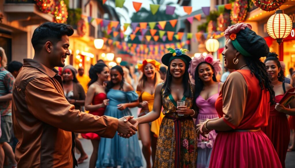 A vibrant and festive street scene during Carnival, featuring a diverse group of friends engaged in playful discussions, dressed in colorful, modest costumes that reflect the spirit of the festival. In the foreground, two friends are shaking hands, symbolizing their agreements and boundaries for the celebrations. The middle ground includes joyous partygoers laughing and dancing around, while emphasizing consent and mutual respect in their interactions. The background showcases decorated buildings adorned with colorful banners and lights, capturing the lively atmosphere of Carnival. The lighting is warm and inviting, creating a celebratory mood, while using a slightly blurred depth of field to focus on the characters. The overall image conveys a sense of fun and camaraderie, emphasizing the importance of setting agreements and limits in joyful festivities.