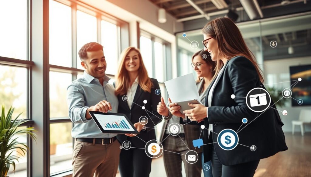 A vibrant and informative scene depicting the advantages of affiliate marketing. In the foreground, a diverse group of three professionals (a man in a smart shirt, a woman in a business suit, and another person in casual-but-professional attire) are engaged in a lively discussion while pointing at a digital tablet showing graphs and statistics. In the middle ground, various symbols of affiliate marketing like dollar signs, connected networks, and social media icons emerge, blending seamlessly into the background. The background showcases a modern office environment with large windows, allowing natural light to flood in, creating a bright and optimistic atmosphere. The angle is slightly elevated, capturing both the engaging conversation and the representation of digital marketing elements, conveying a sense of growth and opportunity.