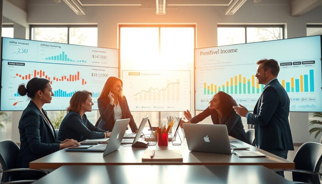 A vibrant and modern workspace illustrating the concept of digital strategies for generating passive income. In the foreground, a diverse group of three professionals, dressed in smart business attire, is engaged in a collaborative discussion around a table filled with laptops and digital devices. The middle ground showcases large digital screens displaying graphs and charts related to online income streams, like e-commerce, affiliate marketing, and digital products. The background features a bright and airy office with large windows, sunlight streaming in, creating a warm and inspiring atmosphere. The overall mood is focused and optimistic, emphasizing innovation and teamwork. The image should utilize soft, natural lighting to enhance the professional environment, captured from a slightly elevated angle, providing depth to the workspace.