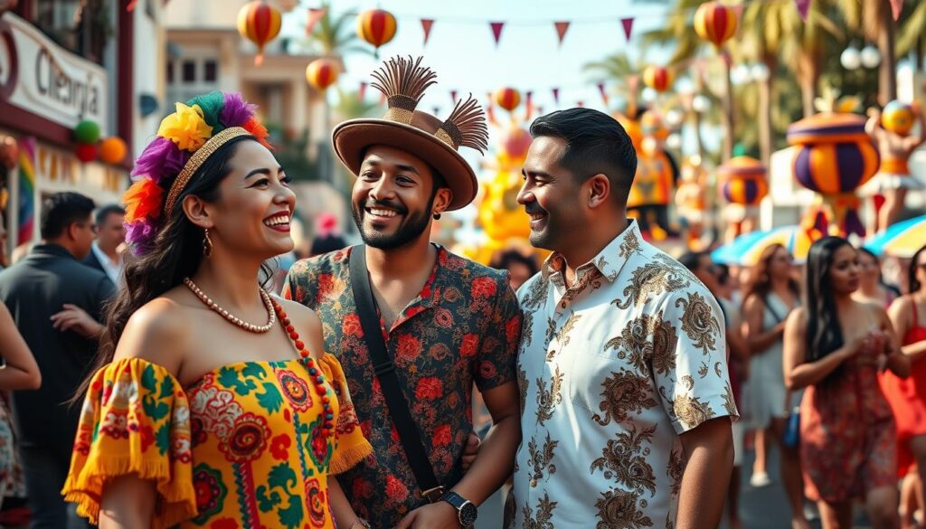 A vibrant carnival scene depicting harmonious communication between couples celebrating together. In the foreground, a cheerful couple dressed in colorful, modest carnival attire, smiling and engaging in conversation, embodying joy and connection. In the middle, other couples and friends mingle, adorned with festive accessories like masks and beads, radiating warmth and camaraderie. The background features lively decorations, samba dancers in traditional costumes, and colorful floats under a bright blue sky. Soft, warm lighting enhances the festive mood, creating a sense of celebration. The angle is slightly elevated, capturing the energy of the crowd and the joy of togetherness. Overall, the atmosphere reflects happiness and healthy relationships amidst the carnival festivities.