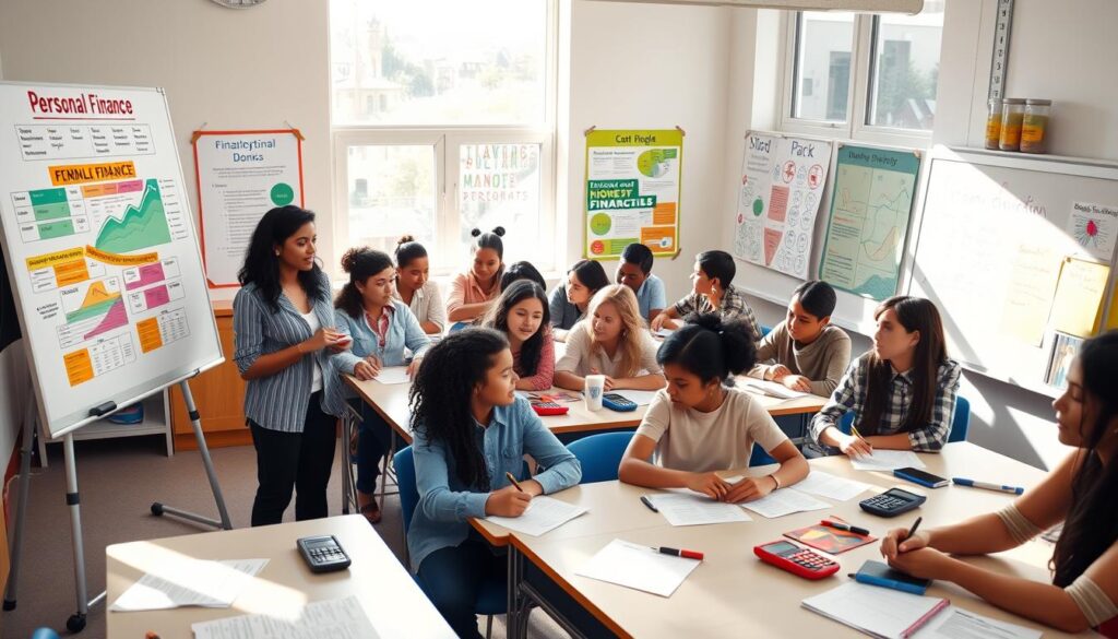 A vibrant classroom scene focused on financial education, showcasing a diverse group of students engaged in learning about personal finance. In the foreground, a teacher stands beside a large whiteboard filled with colorful charts and diagrams related to budgeting and saving. The middle ground features students of various ethnicities, some taking notes and others discussing ideas while seated at desks scattered with calculators and financial worksheets. In the background, bright natural light streams through large windows, illuminating educational posters about money management on the walls. The atmosphere is enthusiastic and collaborative, reflecting a positive learning environment that encourages financial literacy. The image is captured from a slightly elevated angle, emphasizing the dynamic interactions among the students.