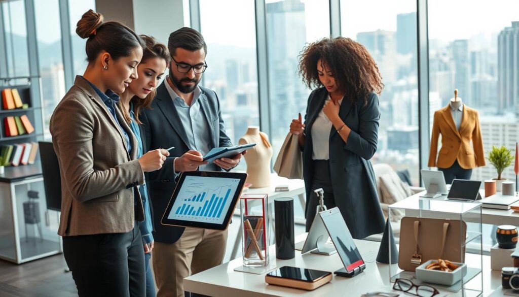 A vibrant market analysis scene depicting various products and services in high demand. In the foreground, a diverse group of professionals in business attire actively discussing a digital tablet showing charts and graphs. The middle ground features an array of product displays, including electronics, fashion items, and home goods, arranged on sleek tables, highlighting their appeal. In the background, a large window reveals a bustling cityscape, symbolizing growth and opportunity. Soft, diffused natural lighting bathes the scene, creating an inviting and optimistic atmosphere. The image captures the essence of market trends and analysis in a modern, professional setting, inviting viewers to visualize the concept of high-demand products and services.