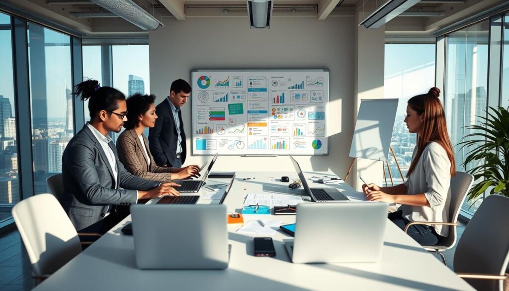 A vibrant, modern office space filled with technology and creativity, showcasing the concepts of digital marketing and web development. In the foreground, a diverse group of three professionals in business attire collaboratively brainstorming around a sleek table covered with laptops, digital devices, and notes. The middle ground features a large whiteboard filled with colorful charts, infographics, and marketing strategies. In the background, a bright window reveals a city skyline, casting natural light throughout the room, enhancing the focused atmosphere. Soft shadows are visible, contributing to a sense of professionalism and innovation. The overall mood is dynamic and inspiring, symbolizing growth and learning in the digital realm.