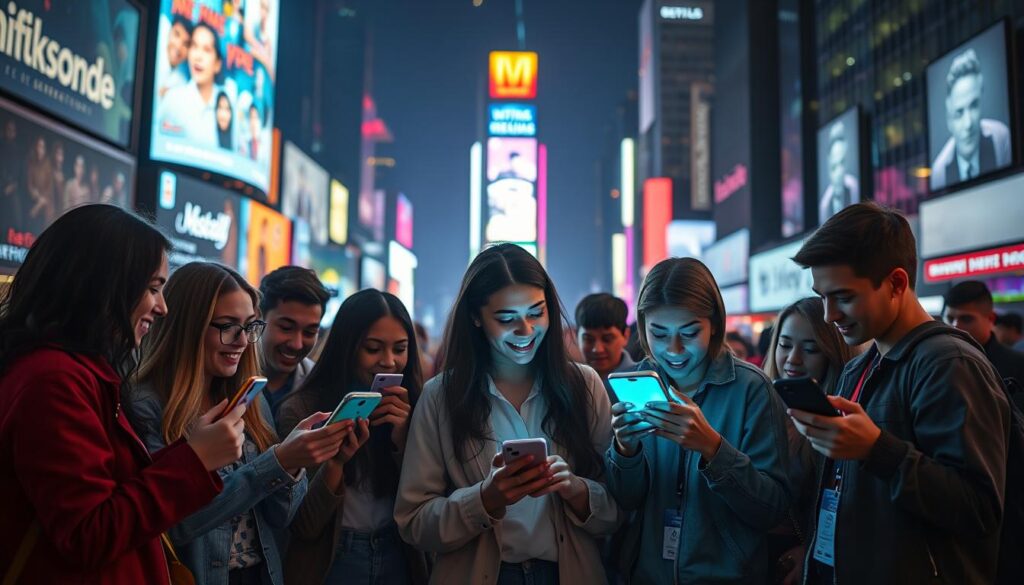 A vibrant scene depicting Gen Z individuals engaging with social media in a modern urban environment. In the foreground, a diverse group of young people, dressed in trendy and casual outfits, are animatedly sharing and discussing content on their smartphones. The middle ground features sleek digital screens displaying various social media platforms and popular content, symbolizing their influence in the entertainment industry. The background showcases a bustling cityscape, illuminated by colorful neon lights and towering billboards, creating a lively atmosphere. The lighting is dynamic, with a soft glow highlighting the faces of the individuals, conveying excitement and connection. The overall mood is energetic and inspiring, reflecting the cultural impact of social media on Gen Z.
