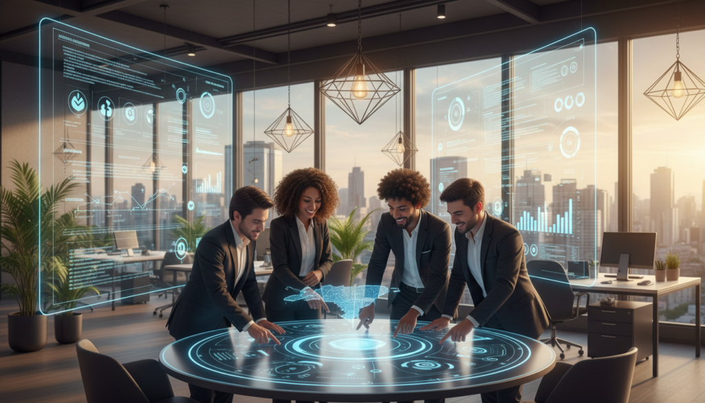 A vibrant urban scene showcasing successful Brazilian innovation, focusing on a diverse group of professionals in smart business attire collaborating around a high-tech workspace. In the foreground, a mixed-gender team of four individuals animatedly discussing ideas, surrounded by digital screens displaying graphs and maps highlighting Brazilian success stories. In the middle ground, modern office features such as glass walls and green plants reflect a dynamic work environment. The background reveals a city skyline representing Brazil's vibrant culture and economic growth, painted in warm golden-hour lighting that adds a hopeful glow. The atmosphere is one of creativity and collaboration, emphasizing a forward-looking vision for business innovation.