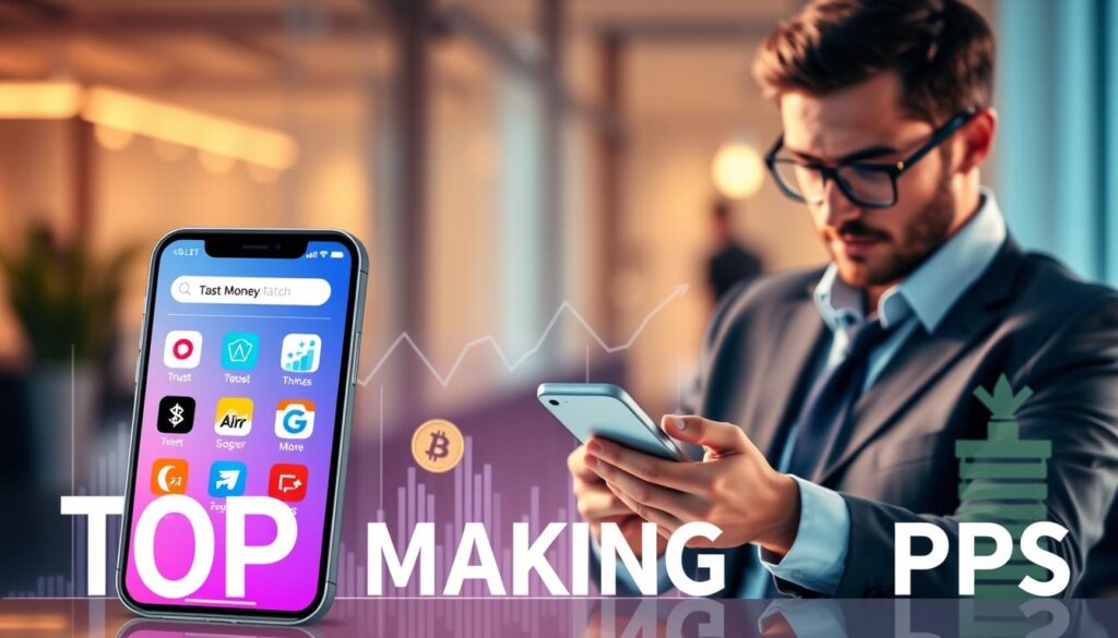 A visually engaging illustration comparing top money-making apps. In the foreground, a sleek, modern smartphone displaying popular app icons with vibrant colors, symbolizing trust and earnings. Beside the phone, a professional-looking individual in business attire is analyzing data on the phone, exhibiting confidence and focus. The middle ground features a subtle overlay of financial graphs and digital currency symbols, enhancing the theme of money-making. In the background, a softly blurred office environment with ambient lighting creates a warm, professional atmosphere, hinting at productivity and innovation. The image should have a balanced composition, emphasizing both technology and professionalism, with a calm yet inspiring mood suitable for a financial comparison article.