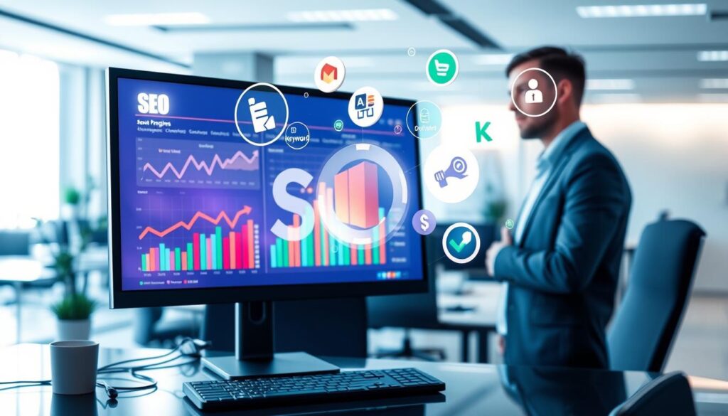 A visually striking digital workspace depicting SEO and search engines as essential tools for digital marketing. In the foreground, a computer screen shows vibrant graphs and analytics related to website performance, with a professional in business attire analyzing the data. The middle layer features icons representing search engine logos and keywords, floating dynamically, symbolizing the interconnectedness of SEO strategies. The background displays a sleek, modern office environment illuminated by soft, diffused lighting, creating a productive and focused atmosphere. The entire composition conveys a sense of innovation and empowerment in digital marketing, with a harmonious blend of technology and professionalism.
