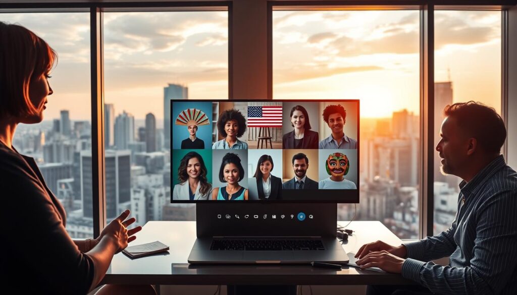 A visually striking scene depicting the cultural challenges of remote work, focusing on a diverse group of professionals collaborating over a video conference. In the foreground, a well-dressed woman with short hair is engaged in a discussion, while a man in a casual shirt sits nearby, taking notes. In the middle, a laptop on a stylish desk displays faces of team members in different time zones, each equipped with cultural symbols related to their location, such as a Japanese fan, an American flag, and a Brazilian carnival mask. The background features large windows showcasing a bustling city skyline at sunset, casting warm golden light into the room, creating an atmosphere of collaboration and connection. The overall mood is one of unity in diversity, highlighting the beauty and challenges of navigating different cultures and time zones in a remote work environment.