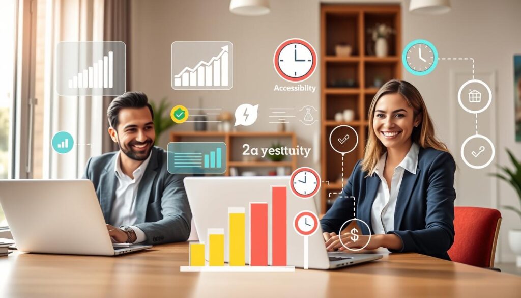 A visually striking scene illustrating the advantages of online courses for making money. In the foreground, a diverse group of three professionals—one man and two women—are engaged in an online learning session. They are dressed in smart casual attire, sitting at modern desks with laptops open, displaying positive expressions as they interact with the course. In the middle ground, vibrant infographics and icons symbolize flexibility, accessibility, and financial growth, such as graphs showing upward trends and clock icons. The background features a bright, modern home office with natural light streaming through a window, creating a warm and inviting atmosphere. The overall mood is optimistic and motivational, emphasizing the benefits of online education in a professional setting.