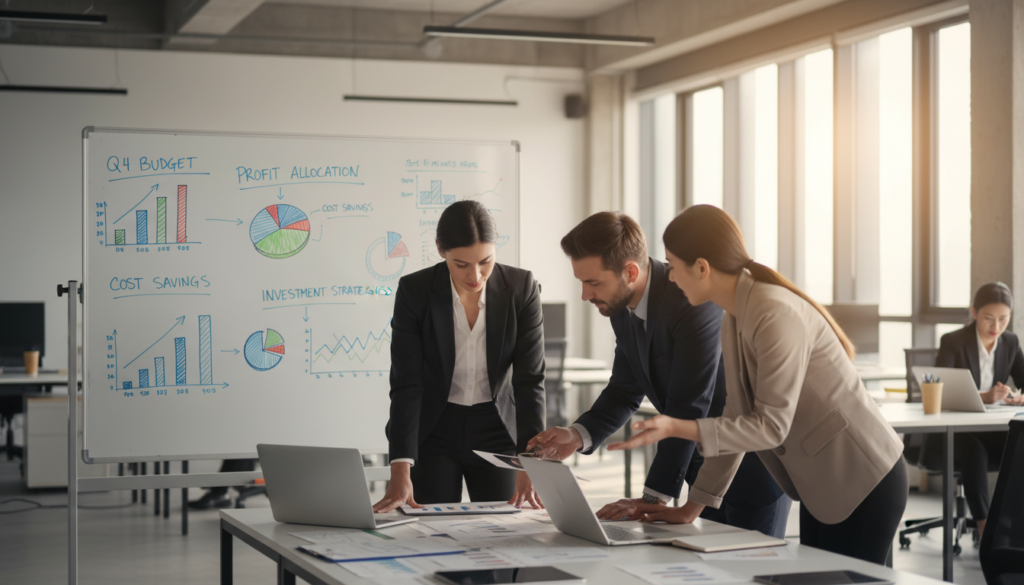 A well-organized workspace featuring a diverse group of professionals collaboratively discussing financial strategies. In the foreground, a diverse team of three individuals—one male and two females—dressed in smart business attire, are actively engaging with documents and digital devices like laptops and tablets. The middle ground showcases a large whiteboard filled with colorful charts, graphs, and budgeting strategies, emphasizing effective financial control methods. In the background, a modern office setting bathed in warm, natural light filtering through large windows, creating an inviting and focused atmosphere. The scene conveys a sense of teamwork, clarity, and professionalism, perfect for illustrating effective financial management techniques.