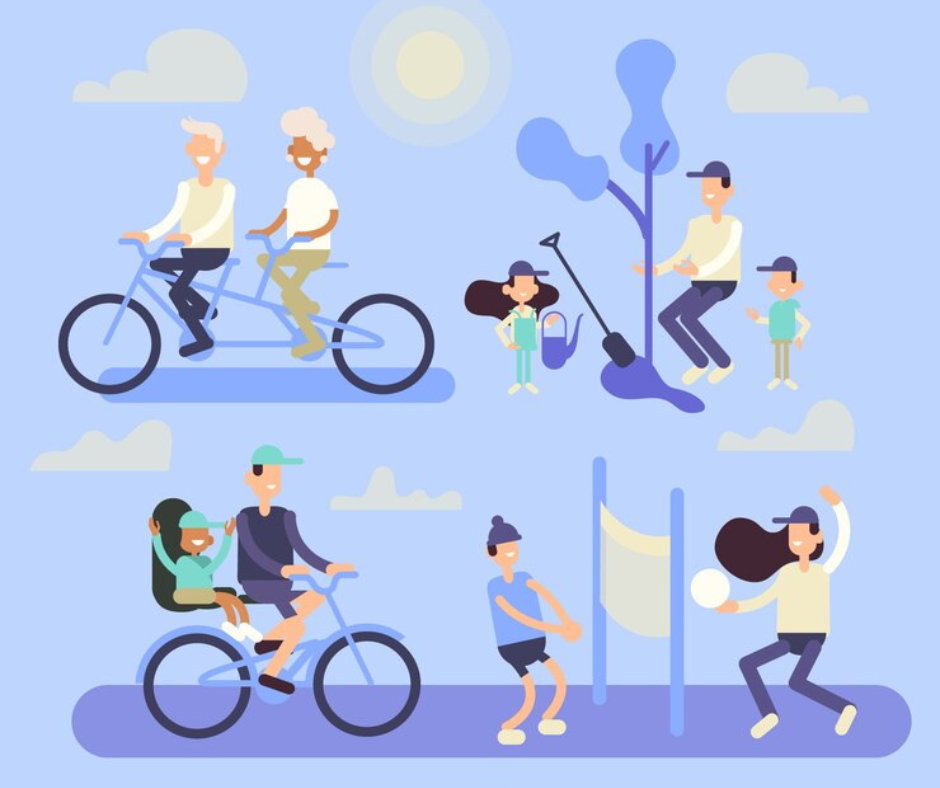 Pessoas andando de bicicleta em área urbana, ilustrando benefícios para saúde e mobilidade