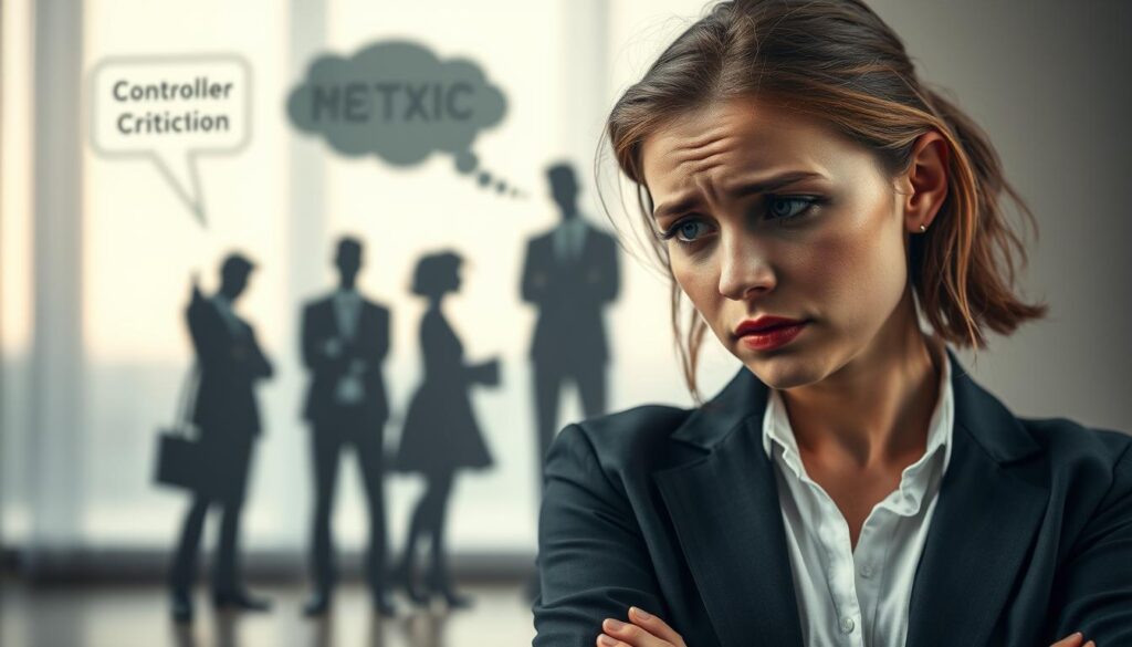 A close-up view of a split scene depicting toxic relationship behaviors. On one side (foreground), a person in professional attire is looking distressed, with body language conveying discomfort, such as crossed arms and averted gaze, highlighting feelings of sadness and frustration. In the middle ground, there are visual symbols of toxic behavior—shadows of controlling figures and thought bubbles showcasing red flags like manipulation and criticism. The background features soft, diffused lighting to create an atmosphere of tension, with dark hues that imply negativity. The opposite side should present a brighter, more uplifting representation of self-love and healthy relationships, contrasting with the toxic elements. Use a shallow depth of field to focus on the foreground character while subtly blurring the background, evoking a sense of clarity amidst confusion.