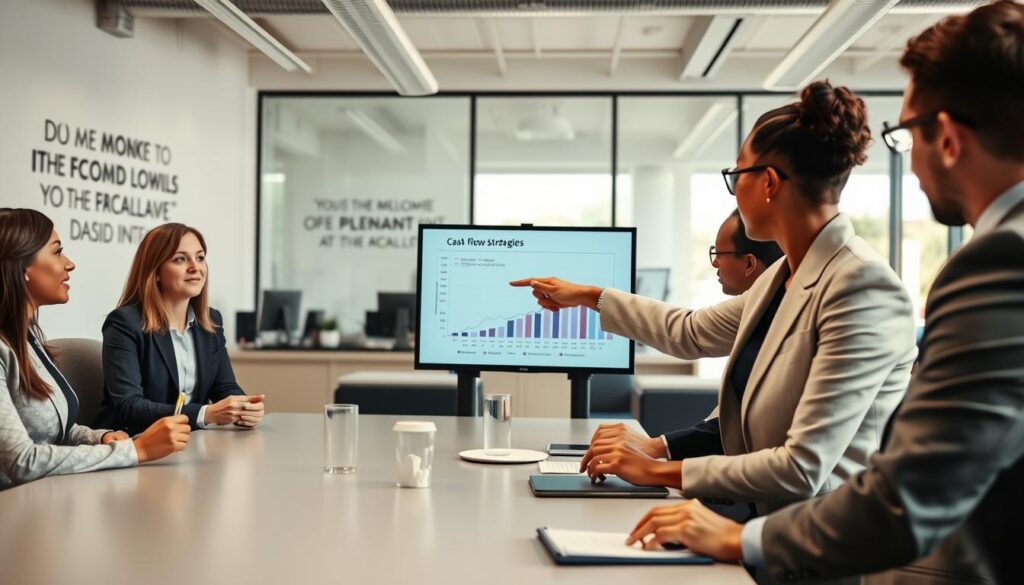 A professional business setting featuring a diverse group of individuals gathered around a conference table, engaged in a discussion about cash flow strategies. In the foreground, a well-dressed woman points to a detailed financial graph on a screen, illustrating cash flow improvements. The middle layer shows colleagues taking notes and actively participating, dressed in business casual attire. In the background, an office space with motivational quotes on the wall and large windows allowing natural light to illuminate the room, creating a bright and optimistic atmosphere. The lighting is soft, enhancing the professional yet approachable mood of the scene, captured from a slightly elevated angle to emphasize collaboration and engagement in financial planning. A professional business setting featuring a diverse group of individuals gathered around a conference table, engaged in a discussion about cash flow strategies. In the foreground, a well-dressed woman points to a detailed financial graph on a screen, illustrating cash flow improvements. The middle layer shows colleagues taking notes and actively participating, dressed in business casual attire. In the background, an office space with motivational quotes on the wall and large windows allowing natural light to illuminate the room, creating a bright and optimistic atmosphere. The lighting is soft, enhancing the professional yet approachable mood of the scene, captured from a slightly elevated angle to emphasize collaboration and engagement in financial planning.