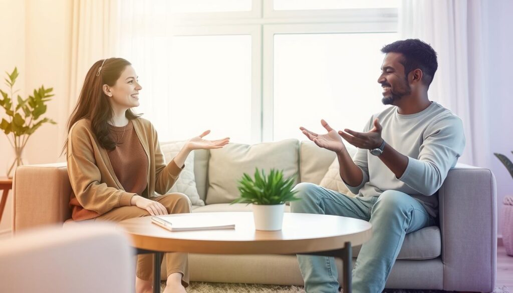A serene and harmonious scene depicting a couple engaged in a constructive conversation, seated comfortably in a cozy living room. The foreground features the couple, both in modest casual clothing, displaying open body language and warm expressions, symbolizing understanding and empathy. In the middle ground, a coffee table adorned with a notepad and a calming plant suggests they are brainstorming strategies to resolve conflicts. The background showcases soft lighting filtering through large windows, illuminating the space and creating an inviting atmosphere. The color palette is warm and soothing, featuring pastel tones that evoke a sense of tranquility and positivity. The overall mood of the image conveys collaboration, respect, and love, illustrating practical tips for a healthy relationship.