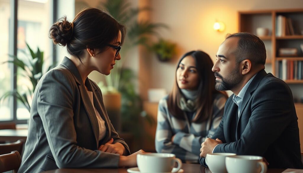 A thoughtful scene depicting the challenges of building emotional bonds, featuring a diverse group of three individuals engaged in a deep conversation in a cozy coffee shop setting. In the foreground, a woman and a man in professional attire are leaning towards each other, showing sincerity and vulnerability in their expressions. The middle ground includes a third person, a woman in modest casual clothing, observing and listening attentively. The background shows soft, warm lighting with subtle hints of greenery and bookshelves, creating a welcoming atmosphere. The lens captures the scene from a slightly elevated angle to emphasize the connection among the individuals while maintaining a soft focus on their surroundings. The overall mood is reflective and introspective, highlighting the complexity and depth of emotional connections.