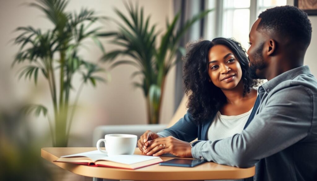 A warm and inviting scene depicting effective communication in a relationship. In the foreground, a diverse couple, one person of Asian descent and the other of African descent, sit at a small table, facing each other with attentive expressions. They are dressed in smart casual clothing, conveying professionalism yet warmth. In the middle ground, elements like a coffee cup and an open notebook illustrate their focused discussion. The background features a softly lit room with plants and a window allowing natural light to filter in, creating a serene atmosphere. The mood is calm and connected, emphasizing respect and support in their interaction. Capture this moment with a soft focus lens, maintaining a warm color palette for a cozy feel.