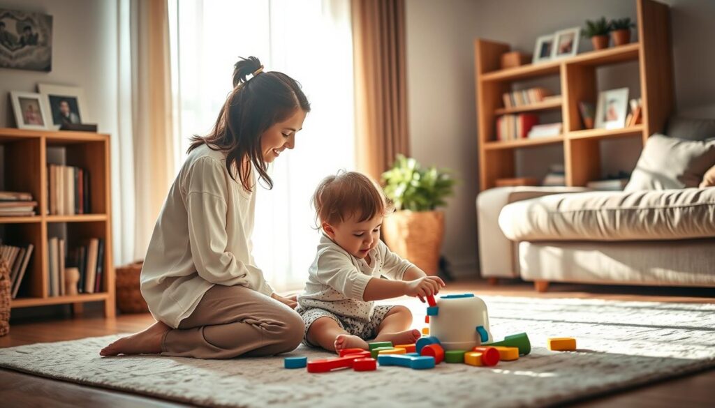 A warm, inviting scene depicting a loving and nurturing parent engaging with a young child in a cozy home environment, symbolizing attachment parenting. In the foreground, the parent, dressed in modest casual attire, kneels to play with the child, who is joyfully exploring colorful toys on a soft rug. The middle ground features a comfortable living room with shelves filled with books and family photos, evoking a sense of safety and love. In the background, soft sunlight filters through sheer curtains, casting gentle shadows that enhance the peaceful atmosphere. The overall mood is tender and serene, showcasing strong emotional bonds and the beauty of early childhood development.