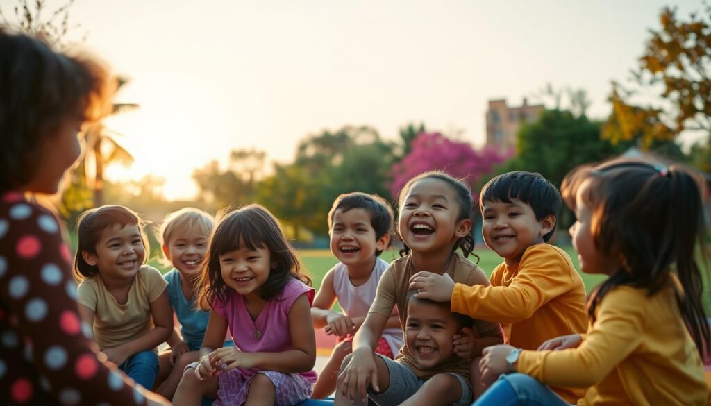 A warm, inviting scene depicting emotional connections in childhood. In the foreground, a diverse group of children of different ethnicities play together on a colorful playground, sharing joyful moments, laughter, and affection as they engage in games. The middle ground features vibrant trees and soft grass, symbolizing a nurturing environment. In the background, a gently glowing sun sets, casting a golden light that enhances the joyful atmosphere, creating soft shadows. Use a wide-angle lens to capture the childlike energy and playful interactions, with a focus on their smiles and carefree expressions. The overall mood is warm, safe, and uplifting, inviting viewers to reflect on the importance of building secure and light-hearted emotional bonds in early childhood.